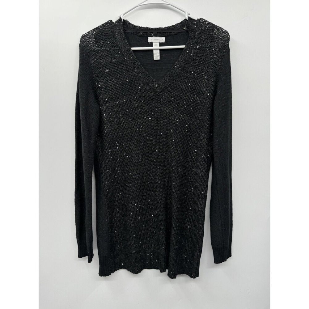 Charter Club Small Sequin V-Neck Sweater Womens Black Long Sleeve‎ Knit Pullover